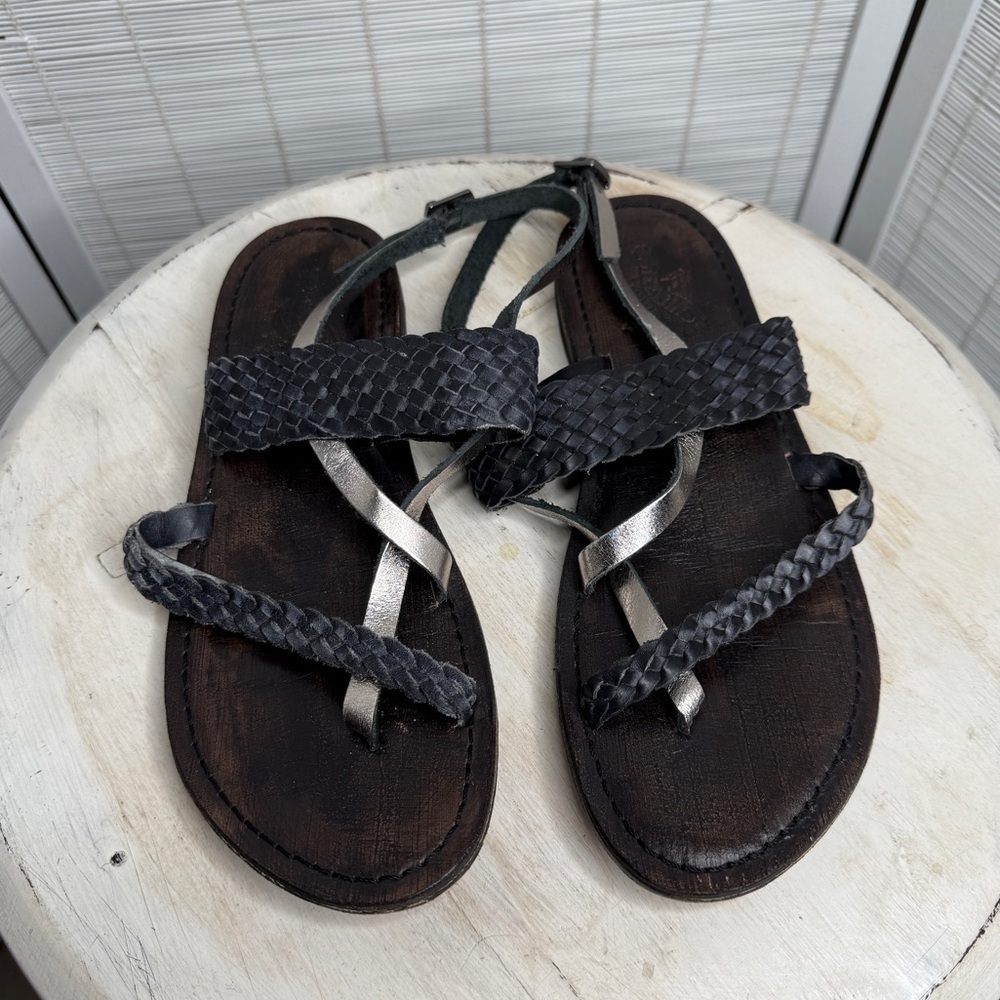 Freebird Sandals Sea Braided Black Silver Leather Adjustable Strap Boho Size 7